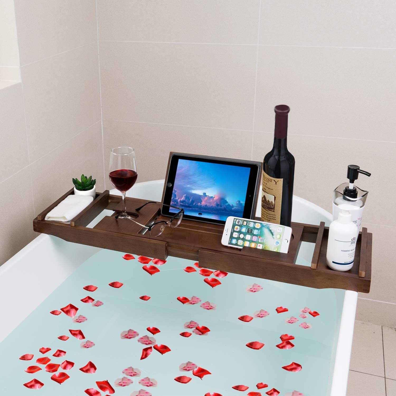 Pont De Baignoire Extérieur Plateau De Baignoire Extensible En Acrylique - De 56 à 80 Cm - Pour Poser Téléphone, Verre, Livre - Antidérapant Support Baignoire Réglable