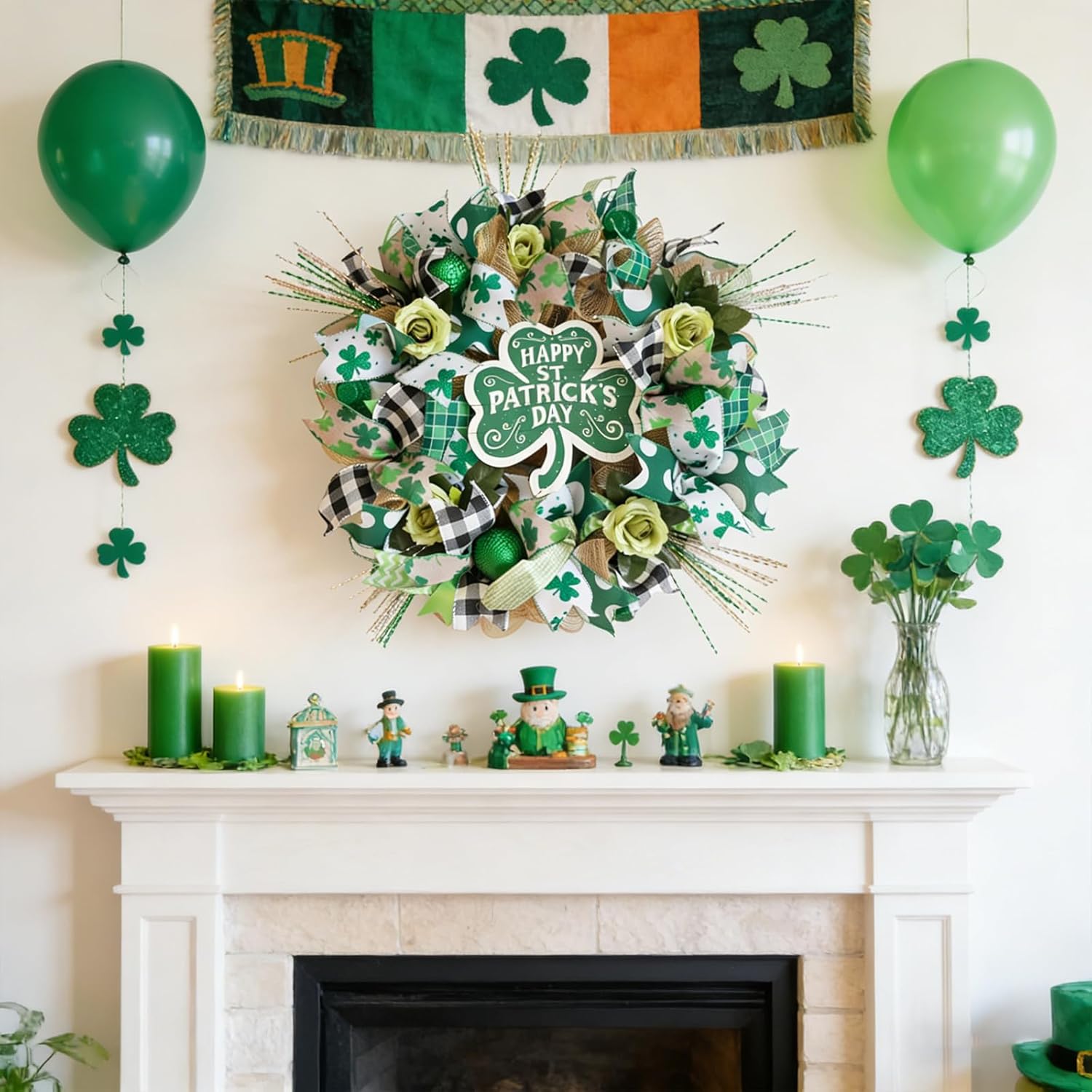 22" St Patrick's Day Wreath for Front Door - Shamrock Mesh Wreath with Green Glitter Hats, Shiny Balls & Roses, Lucky St Patty's Day Door Decoration, Irish Clover Wreath for March Home Decor