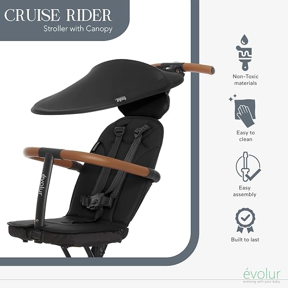 Evolur Cruise Rider Stroller with Canopy, Lightweight Umbrella Stroller with Compact Fold, Easy to Carry Travel Stroller - Noir Black