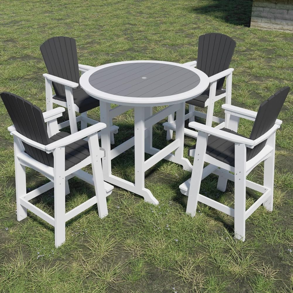 Outdoor Bar Height Table and Chairs Set of 5, Round Counter Bar Table with 1.96" Umbrella Hole, 4 Pcs Tall Adirondack Chairs Bar Stools with Arm, Patio Dining Set for Backyard Deck Balcony Front Porch