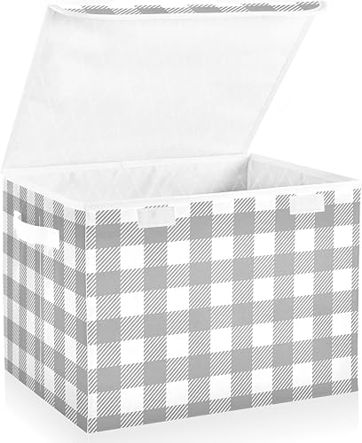 Contenedores de almacenamiento a cuadros de búfalo gris con tapas, cesta de almacenamiento plegable con tapa, organizador de armario, contenedores