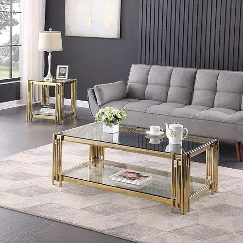 Miniatura 10 de Mesa de centro dorada de 20 pulgadas, mesa auxiliar con tapa de vidrio cuadrado de acero inoxidable, vidrio templado transparente para sala de