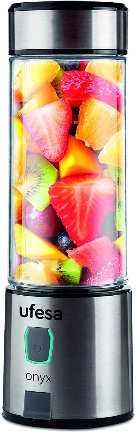 Ufesa BS2400 Onyx Portable Single Cup Blender, USB Charging, 5100 mAh Battery, Up to 20 Uses Per Charge, 400 ml Tritan Bottle, Stainless Steel Body and Blades, BPA