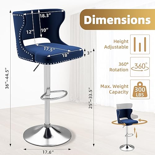 Miniatura 3 de Westice Juego de 2 taburetes de bar, taburetes de bar giratorios de terciopelo ajustables con respaldo hueco, ribete de remache y base cromada