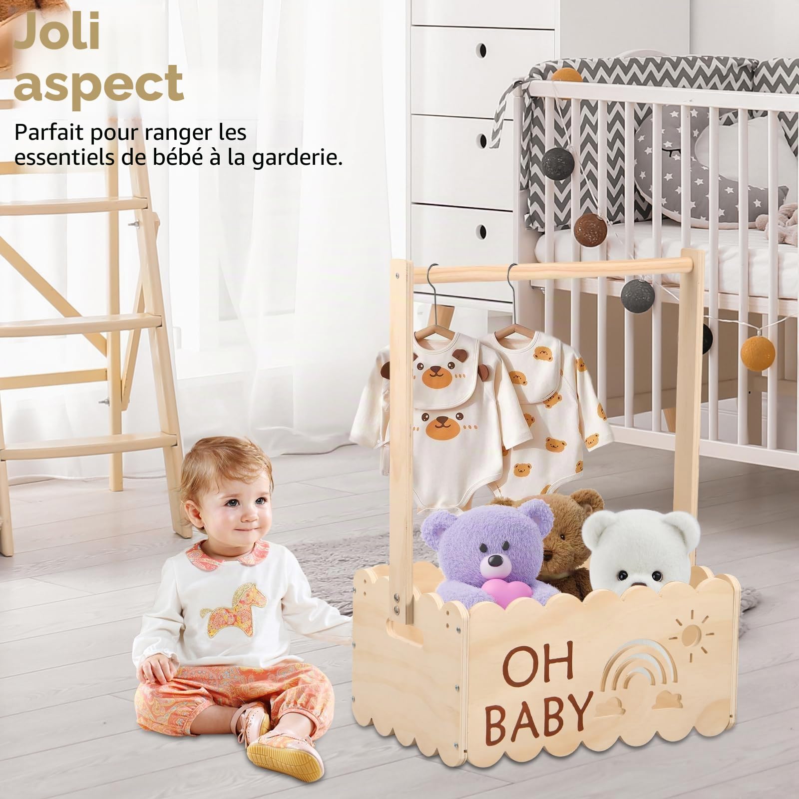 Cadeau de fête prénatale avec poignée, en bois, 34 x 22,8 x 17,5 cm, panier de rangement décoratif, cadeau pour anniversaire, fête prénatale, nouveau-né, nouveaux parents (A)