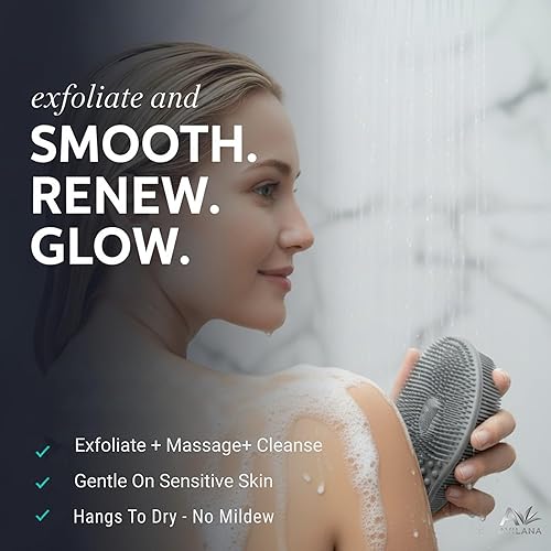 Vista 6 de Avilana Premium Exfoliating Body Scrubber - 8 Years Trusted Since 2017 - SGS Certified Silicone Bath Brush, Firm Bristles Smooth Rough Bumpy Skin