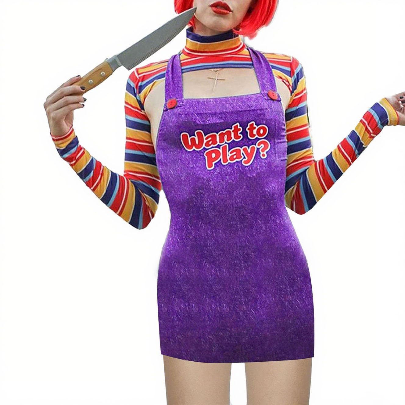 Feclmiyt Women's Halloween Killer Doll Costume Striped Long Sleeve Front Hollow Slim Short Tops+Bib Shorts Nightmare Killer Doll Romper Costume (H-03, L) โ image 1