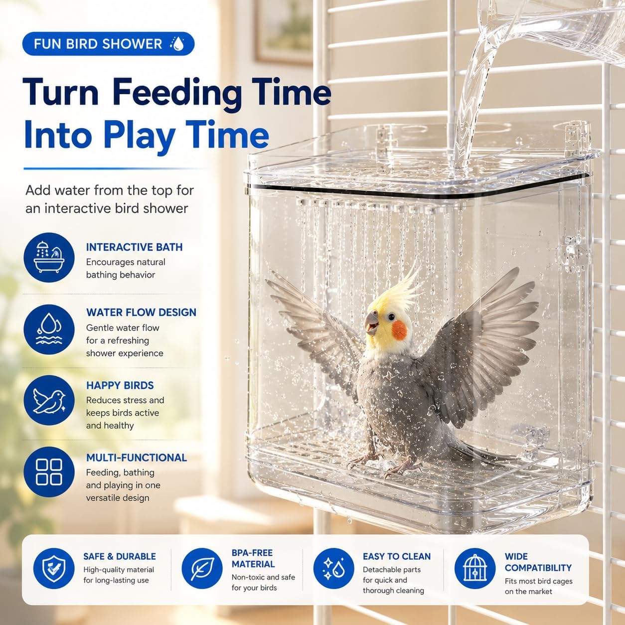No Mess Automatic Bird Feeder,Multifunctional Parrot Seed Feeders,Transparent Seed Food Container,Bird Cage Accessoriesfor Budgies Lovebirds Conures Cockatiels