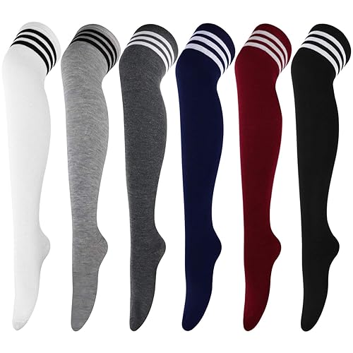 DRESHOW 6 Pairs High Thigh Socks Striped Over Knee Thin Tights Long Stocking for Women Leg Warmer - High Thigh - 6 Pairs: Wine Red, Navy, Black, White, Light Gray, Gray