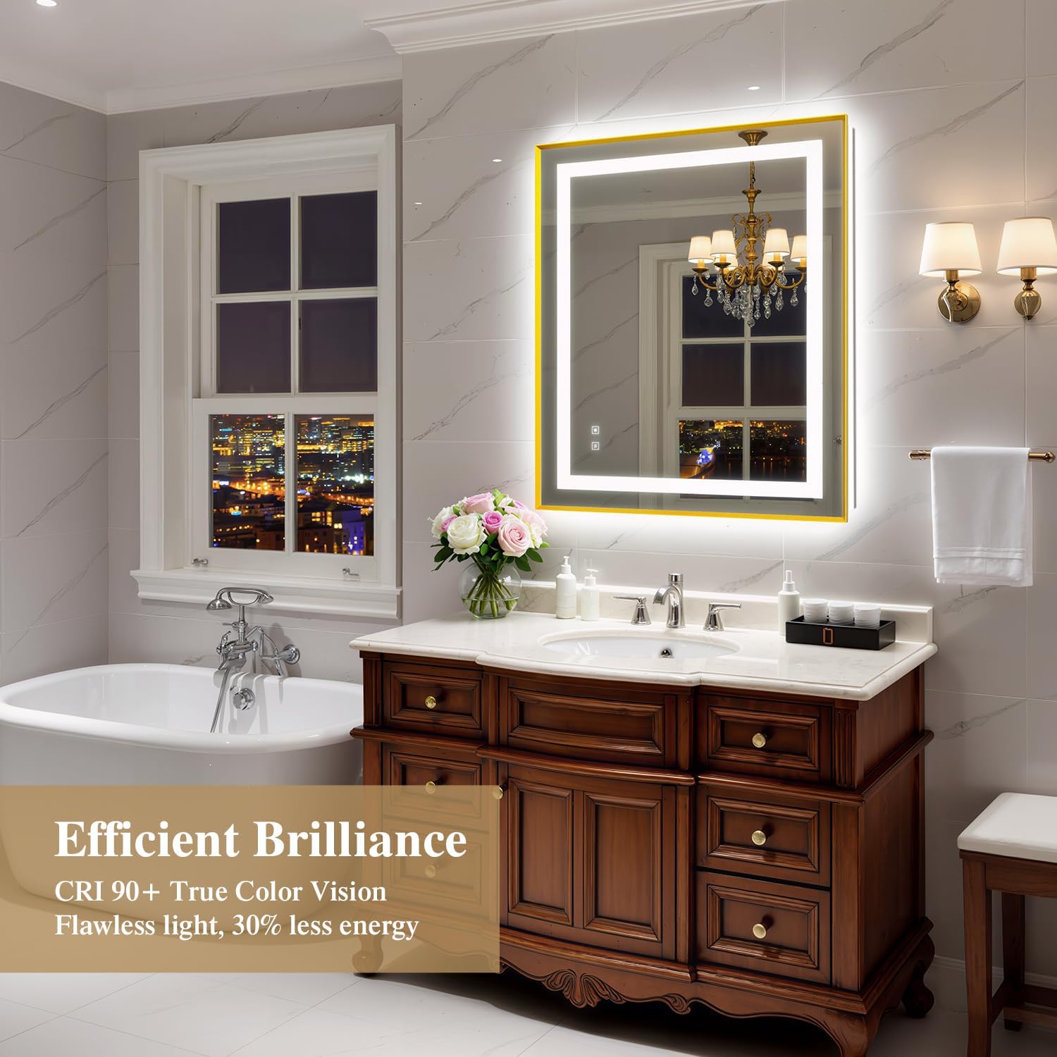 shuafa 30x36 inch led bathroom mirror with lights, gold frame frontlit+ backlit bathroom vanity mirror for wall, ultra-clear tempered glass, shatter-proof, anti-fog and memory function, etl listed gold frame 36"l x 30"w