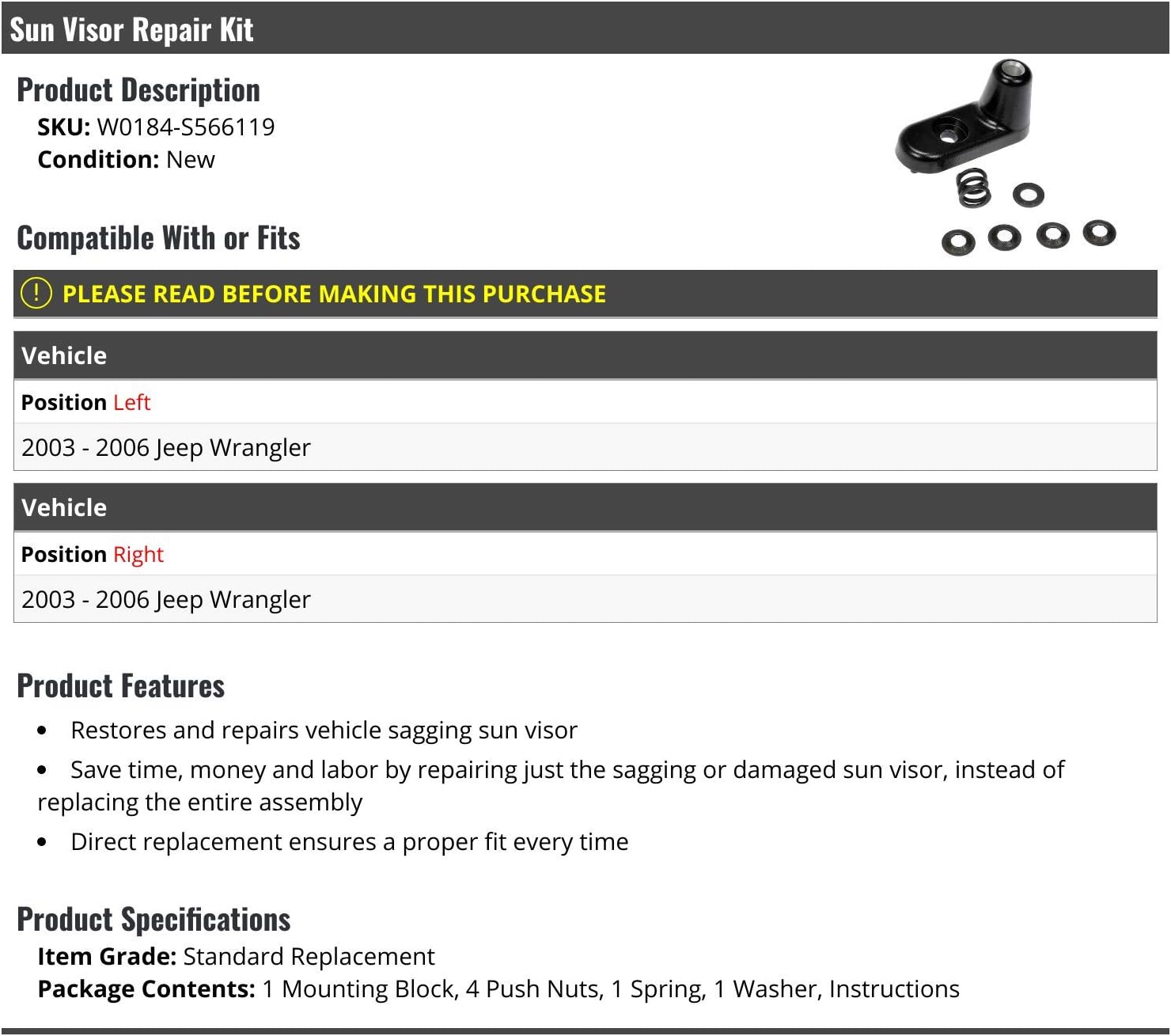 Left or Right Sun Visor Repair Kit - Compatible with 2003-2006 Jeep Wrangler