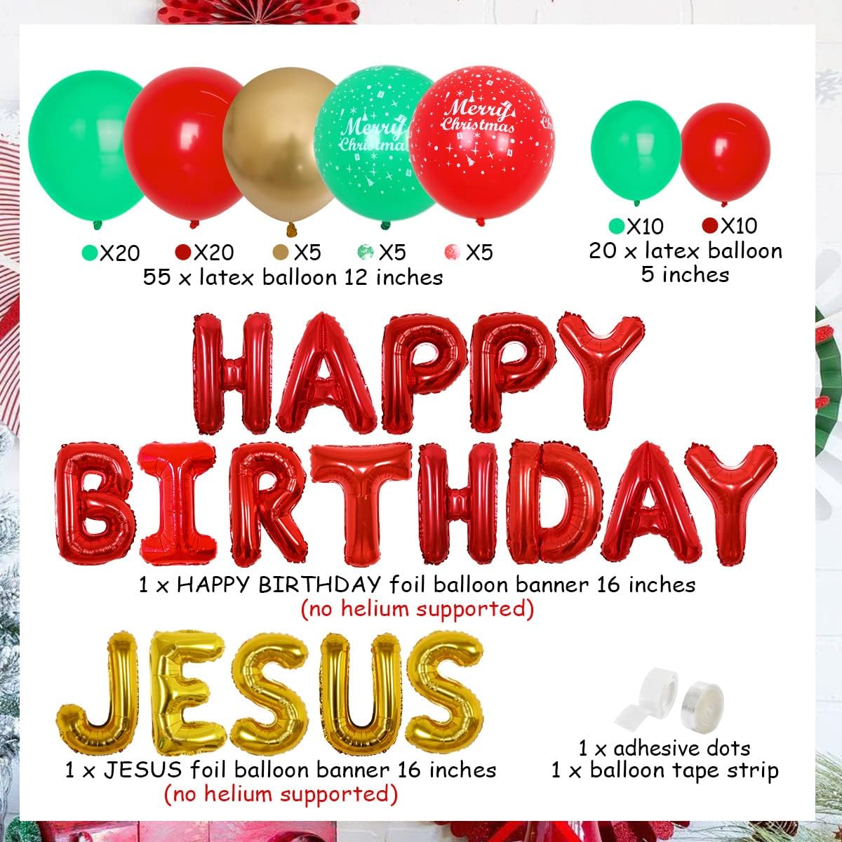 Happy Birthday Jesus Balloon Garland Arch Decorations - 75 Green Red Gold Balloons HAPPY BIRTHDAY JESUS Banner for You Christmas Winter Birthday Party Decorations
