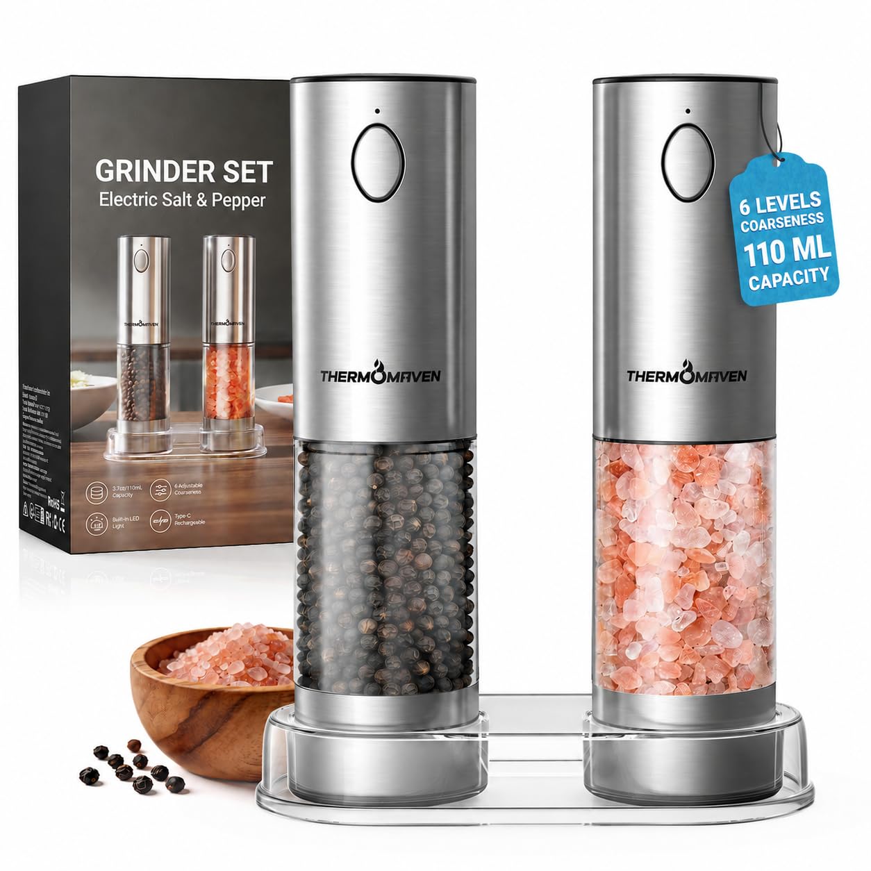 ThermoMaven Electric Salt and Pepper Grinder Set, Rechargeable