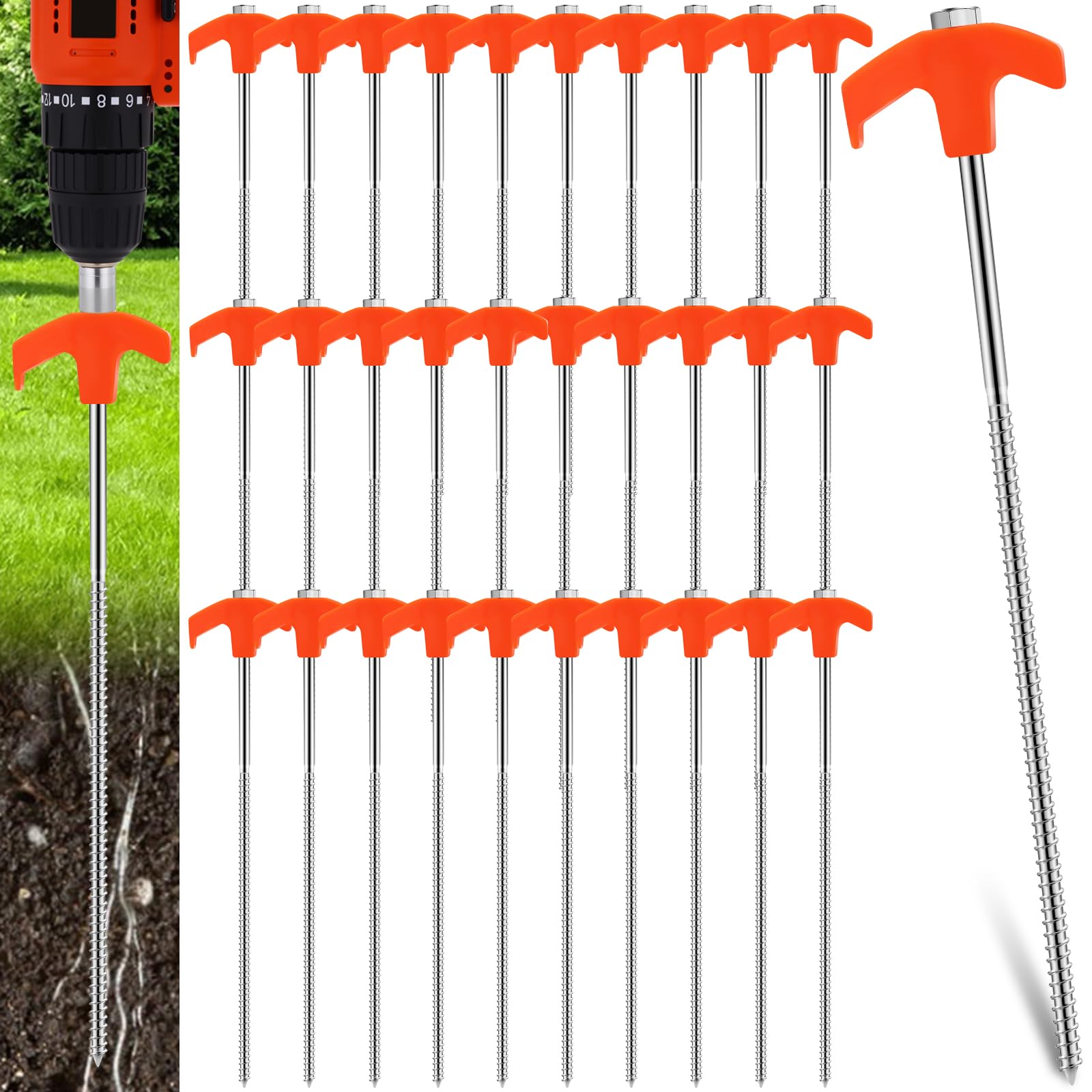 Zonon 30 Pack Screw in Tent Stakes 8 Inch and 12 Inch Each 15 Pack Heavy Duty Camping Stakes Metal Spikes Ground Anchor Peg Threaded Tent Spikes for Garden Outdoor Canopies Grassland(Orange)