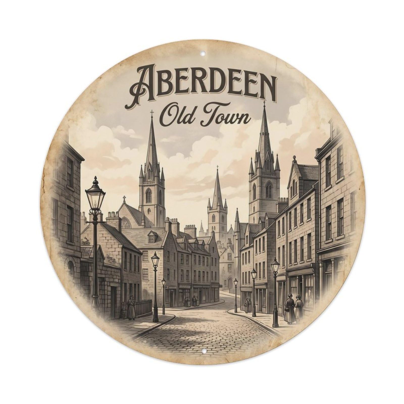 Fqcyn Style Vintage Travel Aberdeen Old Town Metal Tin Sign Plaque Wall Decor For Cafe, Club Bar, Office, Home Garden Round Metal Poster 8X8inch
