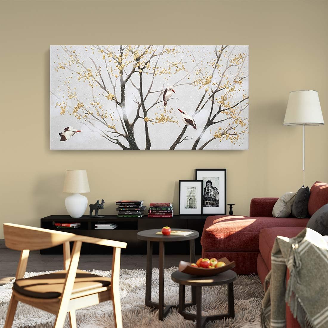 amatop Extra Large Wall Art for Living Room Canvas Print with Hand-Painted Texture Nature Tree Birds Artwork Landscape Oil Paintings for Office Decor Gold Foil Ready to Hang 60x30inch