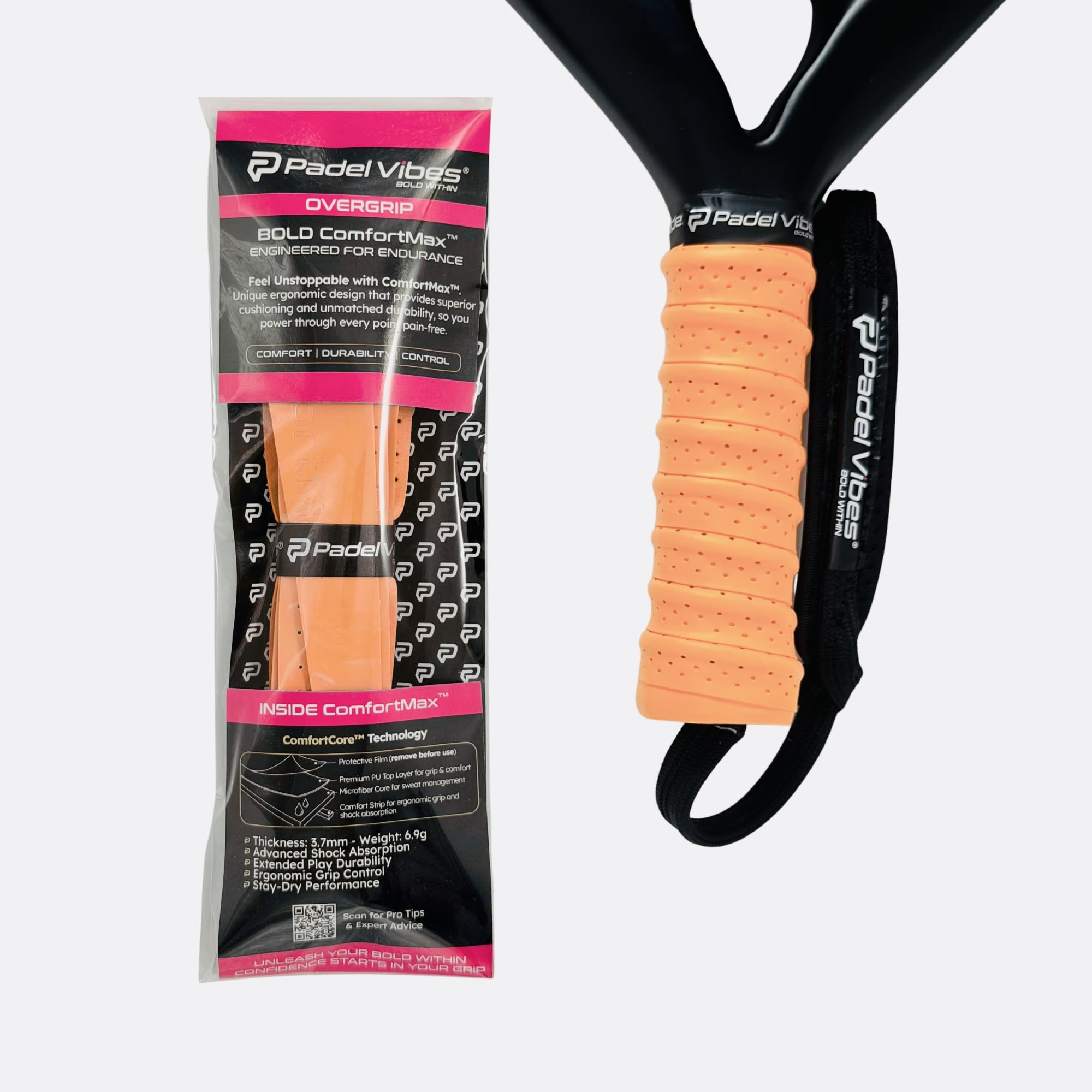 Padel Vibes® BOLD ComfortMax™ Overgrip | Perforated, Ergonomic Overgrips for Padel, Tennis, Badminton, Squash, Racketball | Sweat-Absorbing, Anti-Slip, Durable (Neon Orange | 1-Pack)