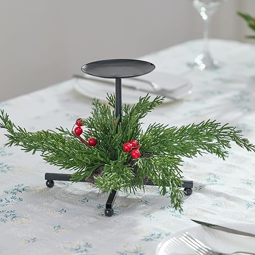 Miniatura 6 de Paquete de 3 portavelas de Navidad, portavelas de hierro negro con bayas rojas de cedro sintético, soporte de metal decorativo de 7.1 pulgadas para