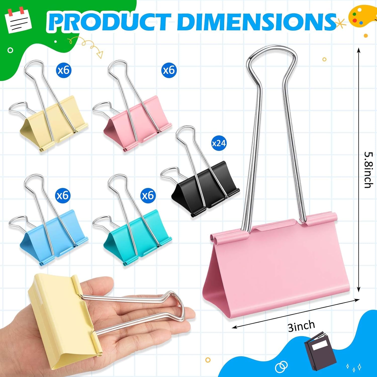 48 Pcs 3 Inch Jumbo Binder Clips, Extra Large Binder Clips Heavy Duty Paper Clamps for Office and Home Supplies(Multicolor, Black)