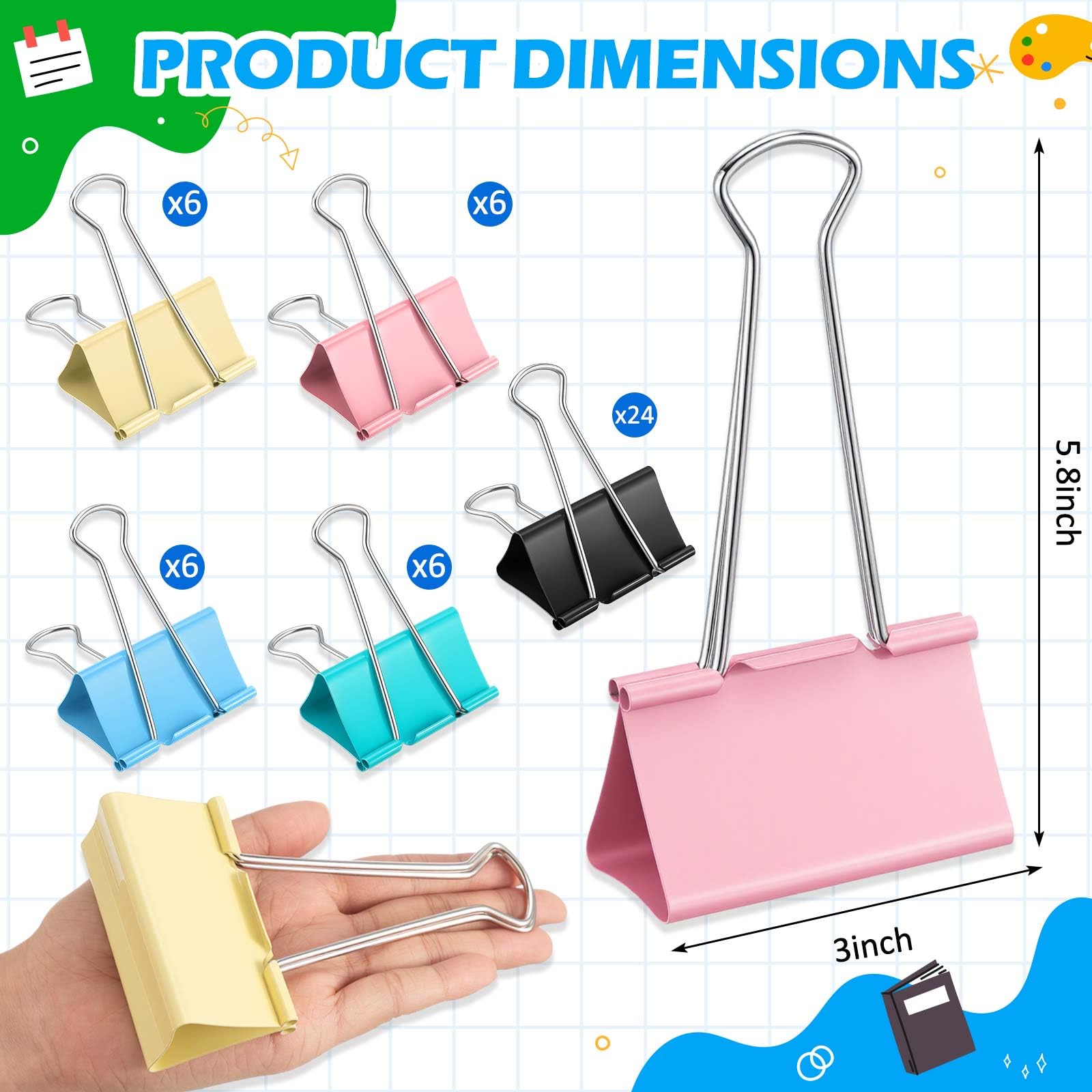 Lot de 48 pinces à reliure Jumbo de 7,6 cm, pinces à papier très résistantes pour fournitures de bureau et de maison (multicolore, noir)