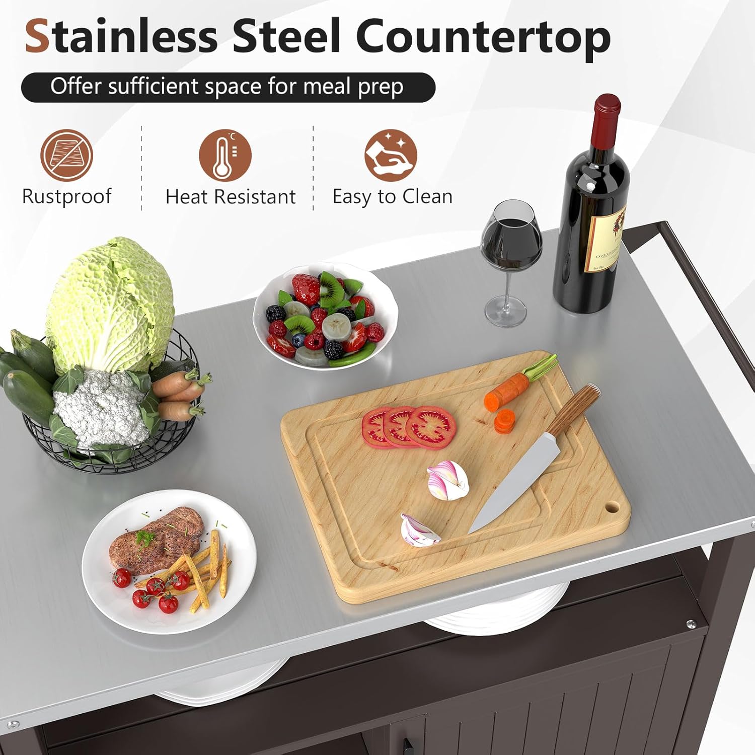 Giantex Outdoor Grill Cart with Storage Cabinet & Shelves, Patio Kitchen Island Table with Stainless Steel Top, Spice & Towel Rack, Movable Pizza Oven Stand on Wheels, Rolling Bar Cart BBQ Prep Table