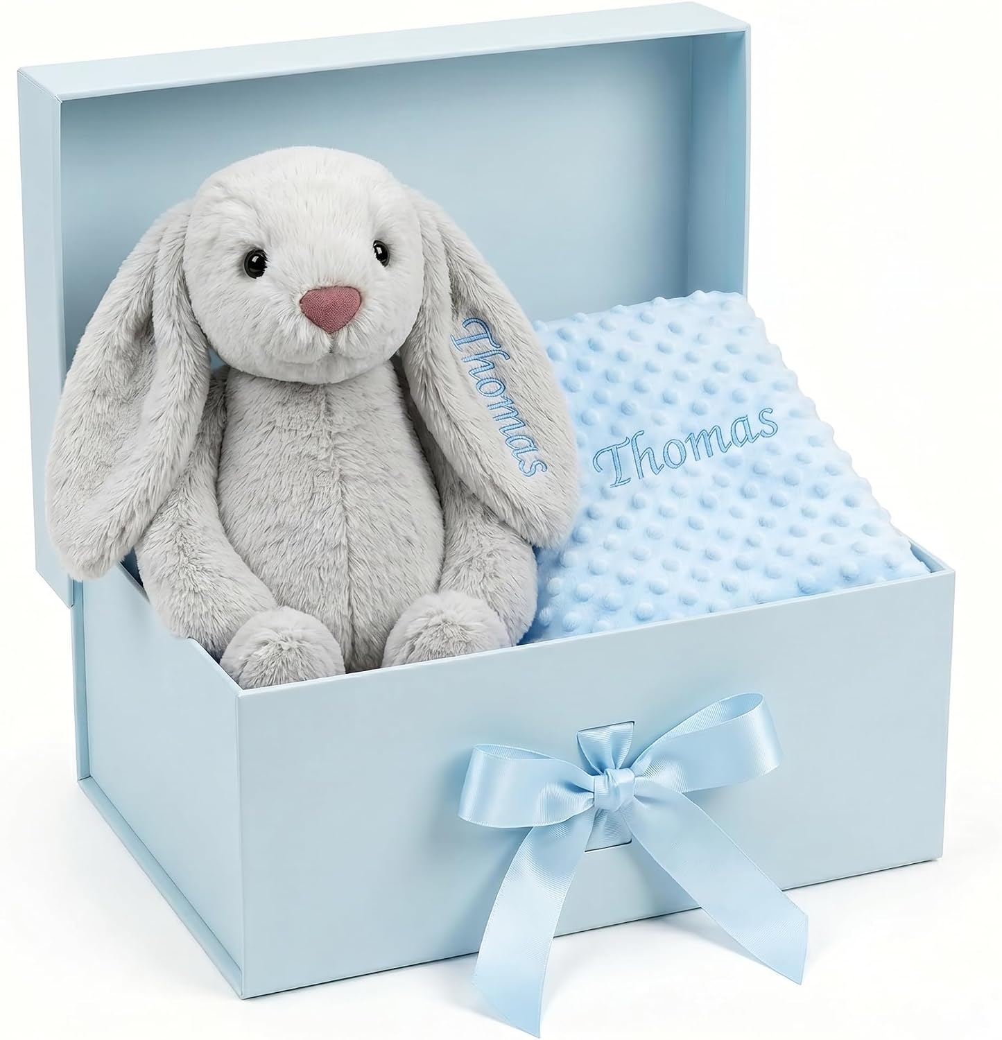 Terwex Personalized Baby Blanket & Plush Bunny Set - Custom Name Baby Blankets for Infant Boy Girl - Customized Blanket & Rabbit Gift Set - Flannel Dot Receiving Swaddle - Baby Shower Birthday Gifts