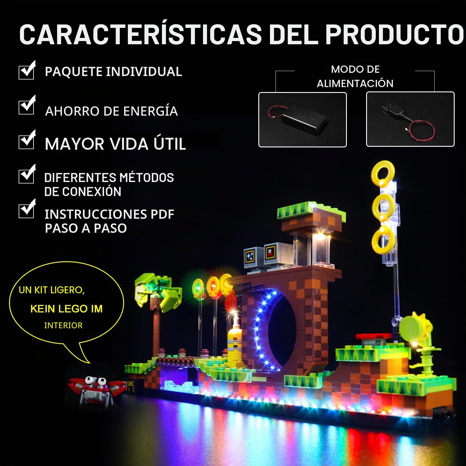 Juego de luces LED compatible con Lego Sonic Green Hill Zone 21331 (no modelo), juego de iluminación LED compatible con juguetes Sonic Lego Ideas, luz decorativa creativa