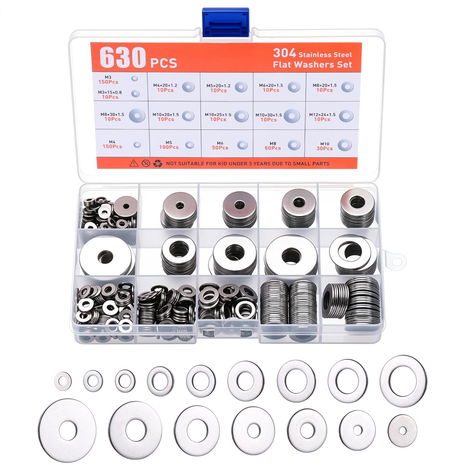 630Pcs Stainless Steel Washers, Flat Penny Washers, Washers for Screws
