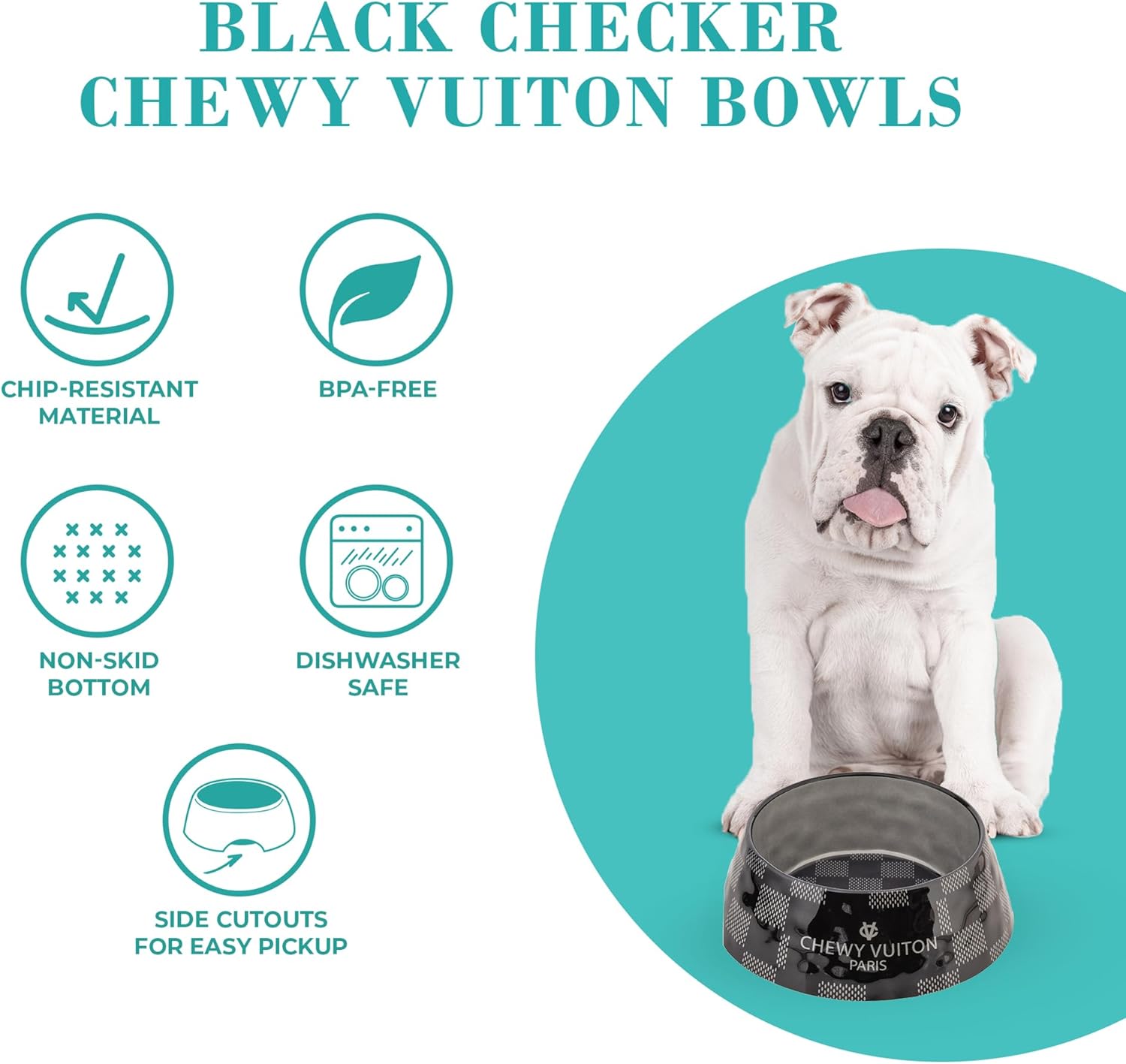Haute Diggity Dog Black Checker Chewy Vuiton Dog Bowls, BPA-Free Food & Water Bowl for Small, Medium & Large Breeds, Non-Skid, Dishwasher Safe, Medium Size, Case of 2