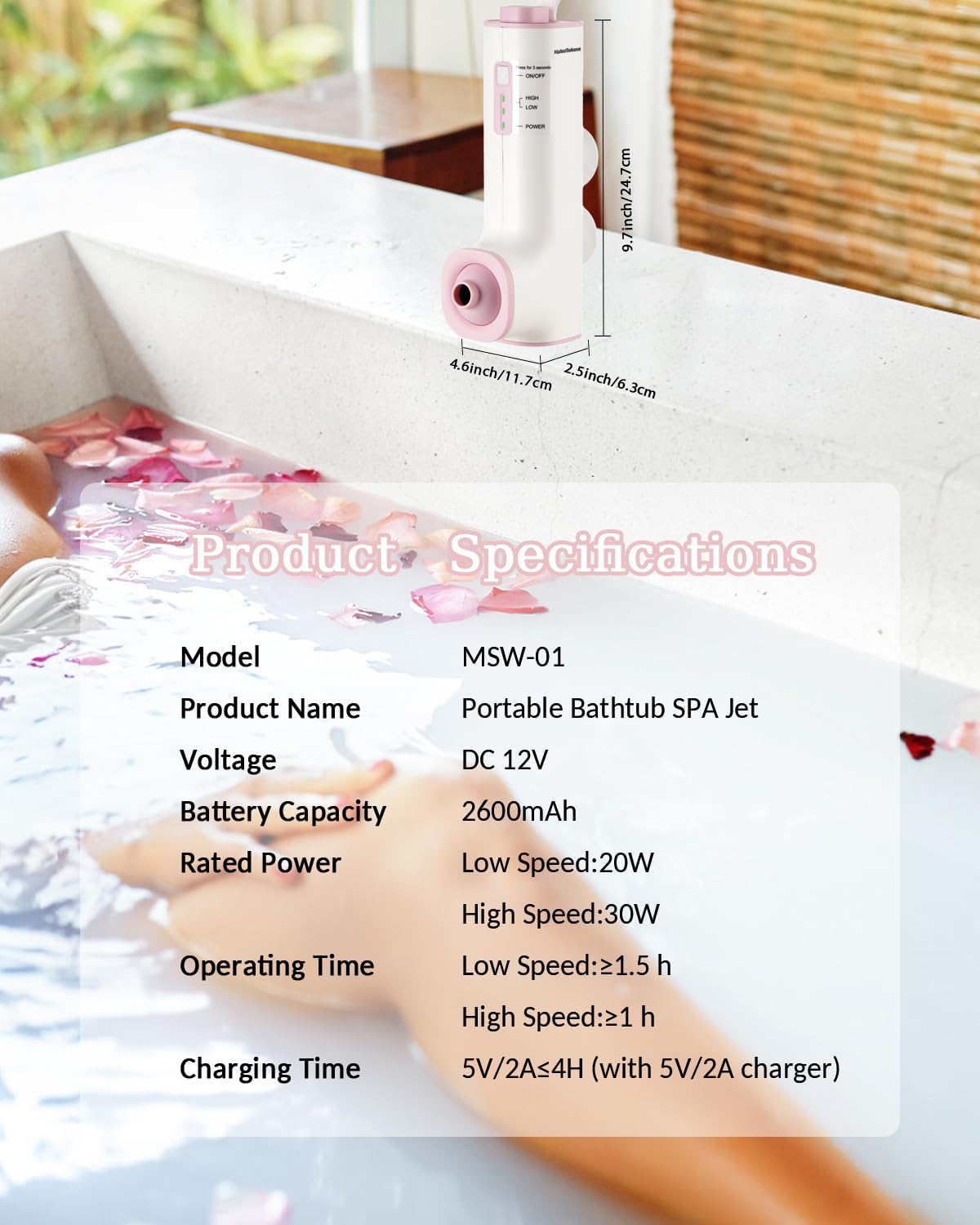 Rechargeable Bath Jets for Tub, Portable Jet Spa for Bathtub, Creates Soothing Bubbles and Massage for Relaxing Daily Use at Home (White-Pink)
