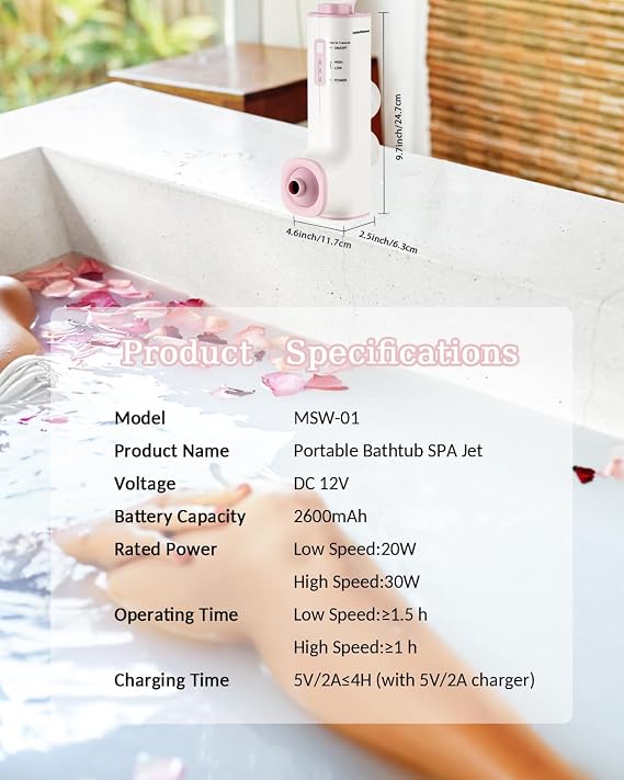 KokoSelene Rechargeable Bath Jet for Tub with 2 Modes & 2 Speed (Pink)