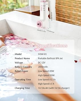 KokoSelene Rechargeable Bath Jet for Tub with 2 Modes & 2 Speed (Pink)