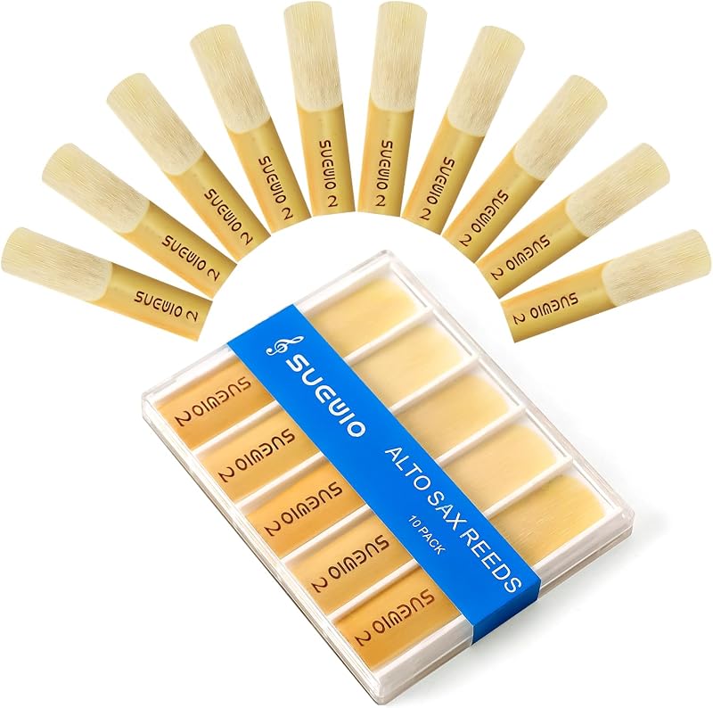 SUEWIO Alto Saxophone Reeds 10 Pack, Strength 2.0, Traditional Alto Sax Reeds with Portable Case, Thinner Reed Tip & Unfiled Cut Design, Reeds for Alto Saxophone Beginners & Students