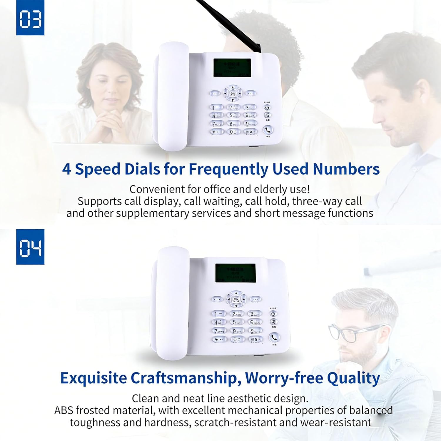 Pomya GSM Wireless Desktop Telephone, Cordless Fixed 2G SIM Card Phone with 2.4 Inch Display & Antennae, Radio, Alarm Clock for Home Office Hotel (US)