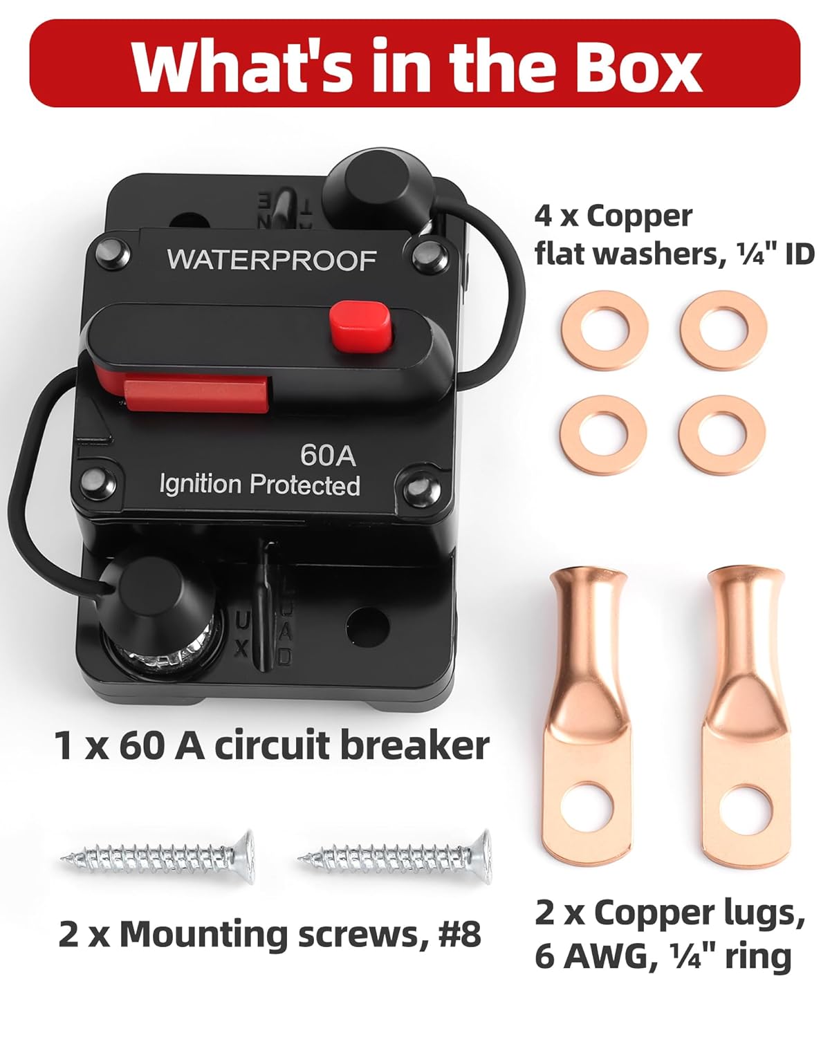 60 Amp Marine Circuit Breaker Switch for Trolling Motor Battery Box, Premium 12V - 48V 60A DC Breaker for Boat Motor, RV, Solar Panel & Car Audio, One-Click Reset, No Fuse Needed