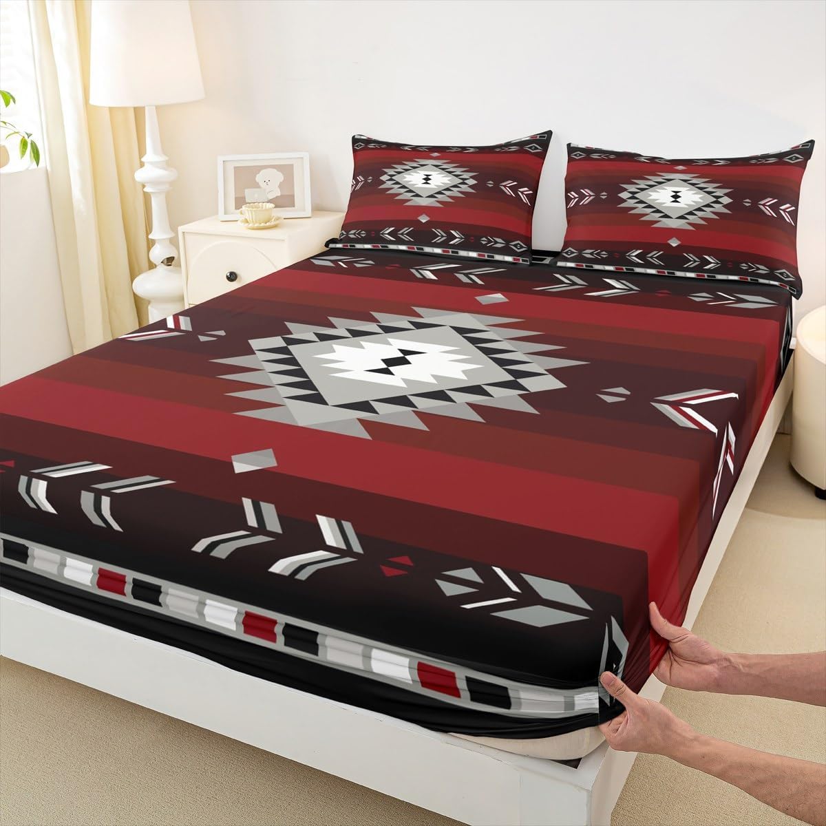 Queen Size Southwest Native Design Bed Sheet Set Boys Girls Southwestern Geometric Fitted Sheet for Kids Ultra Soft Tribal Bedding Set Red Grey Bed Cover Room Decor
