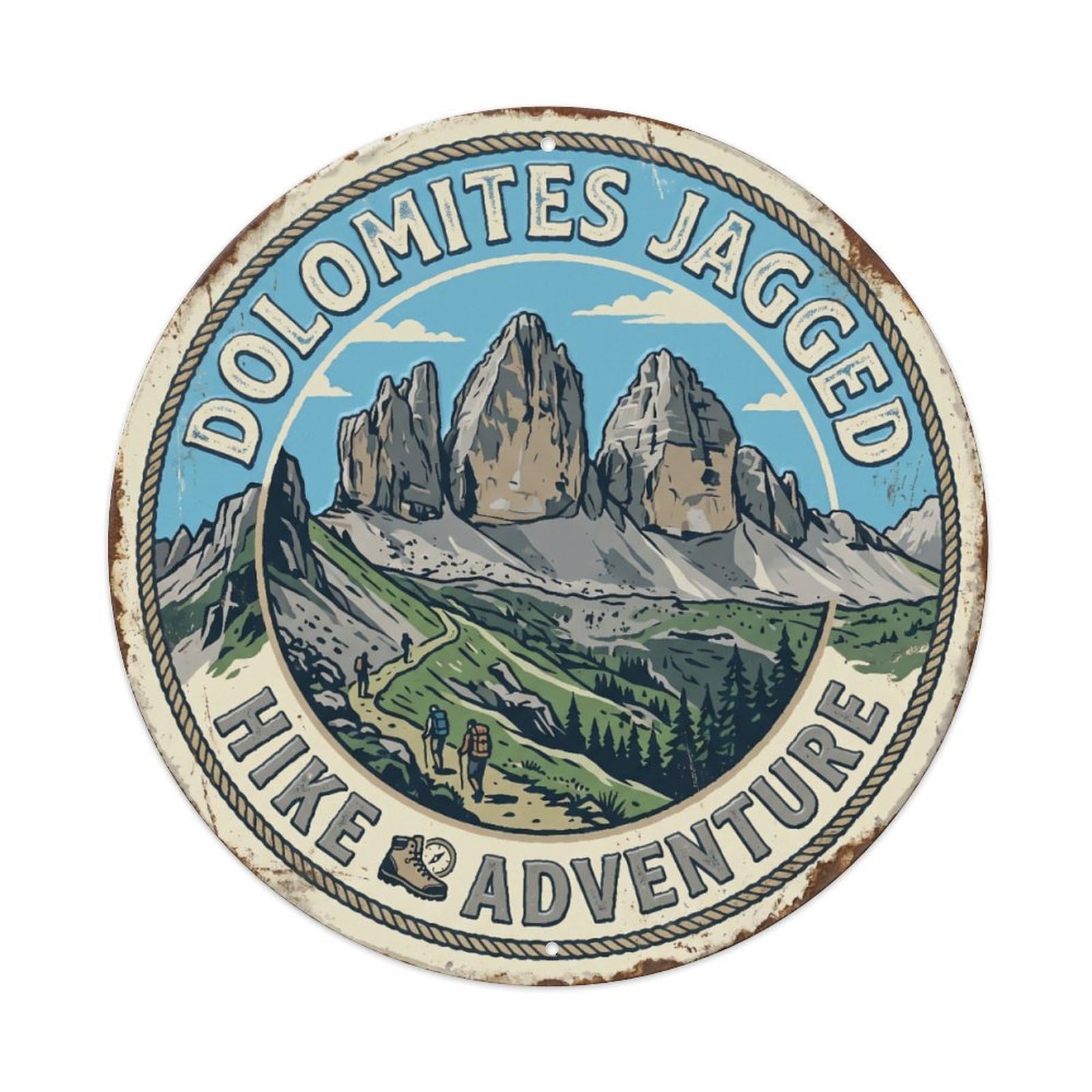 Round Dolomites Mountain Hike Adventure Vintage Metal Wall Sign Vintage Aluminium Metal Sign, Retro Wall Decor for Home, Bar, Garage & Farmhouse 20x20cm