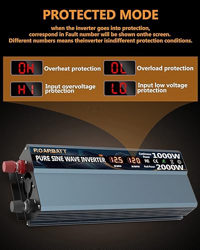 Miniatura 4 de Inversor de corriente de onda sinusoidal pura de 1000 W, 12 V CC a CA, 110 V, 120 V, potencia máxima, 2000 W, con 2 salidas de CA, inversor