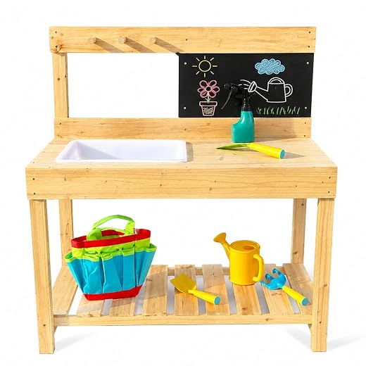 Kids Wooden Potting Bench with Sink, Blackboard, and Storage Shelves, 31 x 15 x 35 Inches,Outdoor Indoor Planter Worktable,Garden Work Table Workstation for Backyard Patio Lawn