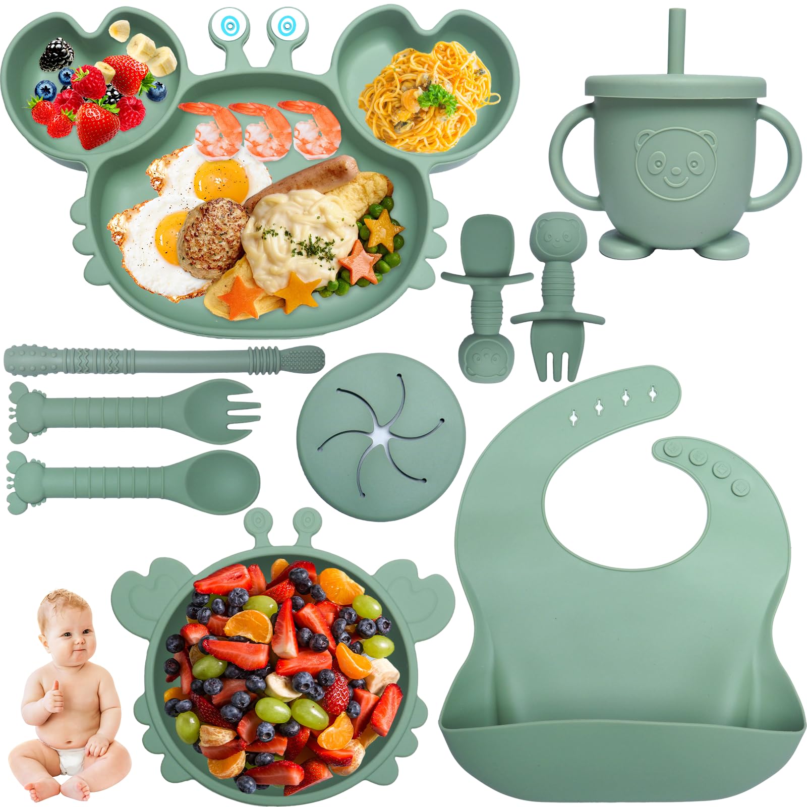 Coffret Repas Bebe, 10 Pièces Assiette bebe Set Vaisselle Antiderapant Silicone avec Ventouse Assiette Bol Fourche Cuillère Bavoir, Enfant Set Couverts Vaisselle Pour Sevrage Manger, Vert