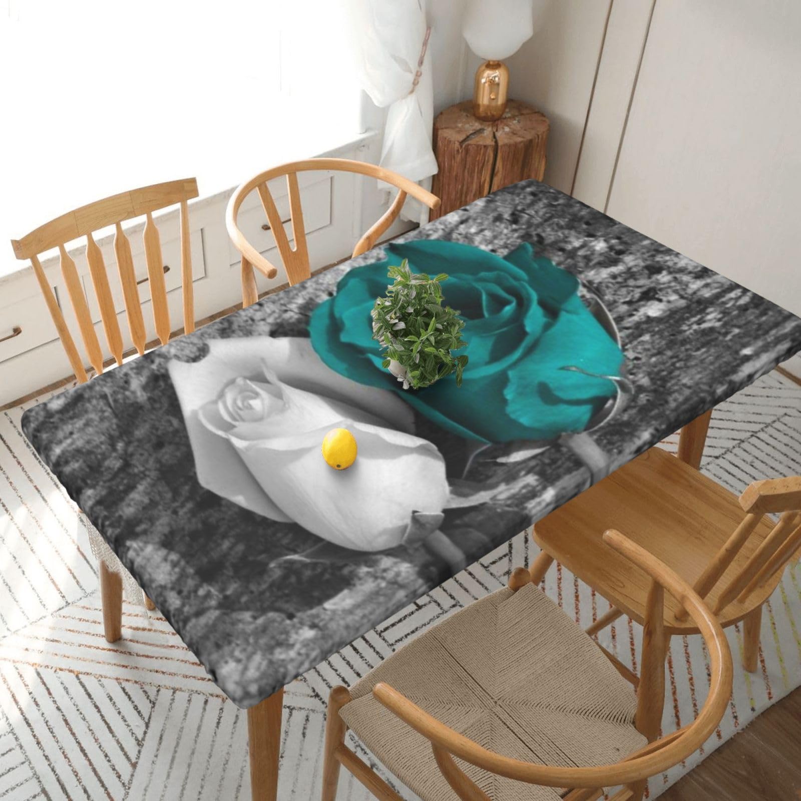 BNVSADC Teal Gray Rose Printed 5FT Tablecloth Polyester Kitchen Water Resistant Table Cloth Dining Table Decoration Table Covers, 152x76 CM