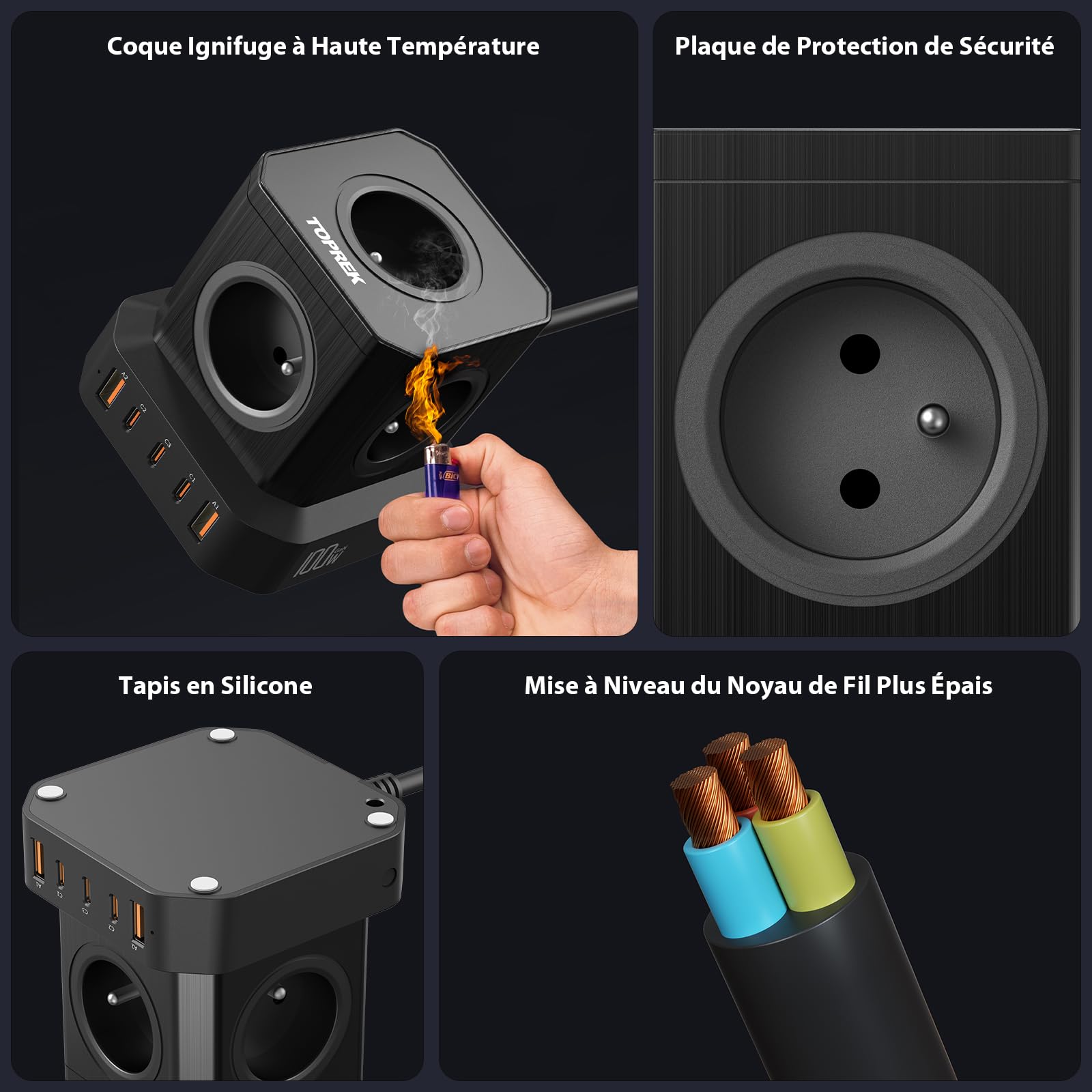 TOPREK 100W PD3.0 Cube Multiprise avec 5 Prises AC Française et 5 USB | 2M Câble, 10 en 1 Cube Rallonge Multiprise avec Interrupteur, 100W 5 Ports USB Charge Rapide GaN Tech Électrique(4000W/16A)