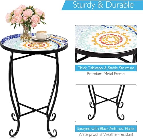 Miniatura 5 de S AFSTAR Mesa de patio de mosaico, 21 pulgadas de alto x 14 pulgadas de diámetro, mesa auxiliar redonda de mosaico para exteriores, mesa de bistró