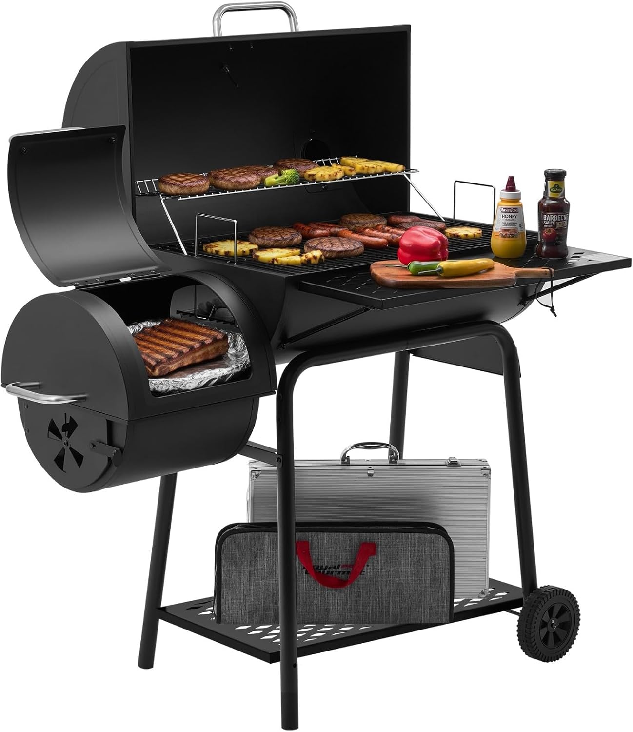 28-Inch Barrel Charcoal Grill with Offset Smoker,855 Sq, Black