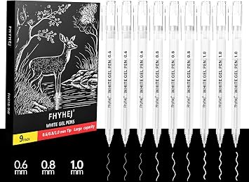 9 Pack White Gel Pens - 0.6/0.8/1.0mm Fine/Medium/Bold Tip Opaque White Ink Pen, Archival & Fade-Resistant Gel Pens for Art, Drawing, Sketching, Bullet Journaling on Black Paper
