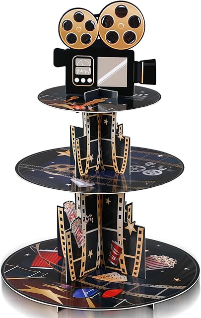 3 Tiers Movie Night Cupcake Stand Movie Cardboard Cupcake Holder Movie Birthday Party Decorations for Movie Night Themed Birthday Party Desserts Supplies Decorations