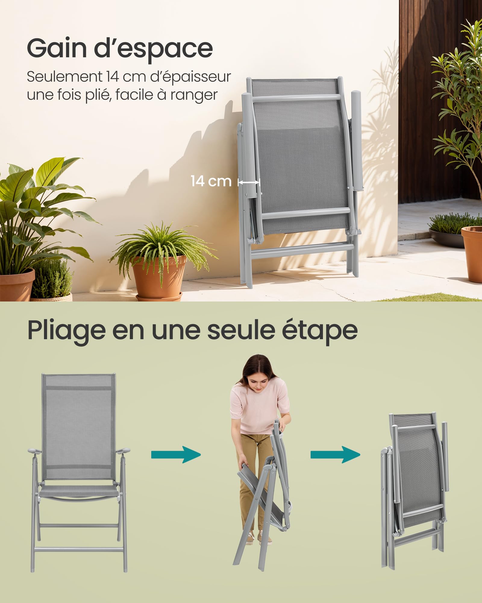 SONGMICS Chaise de Jardin Pliable, Siège d’Extérieur, Cadre en Métal, Dossier Réglable sur 8 Positions, Capacité de Charge 150 kg, Gris GCB02GY