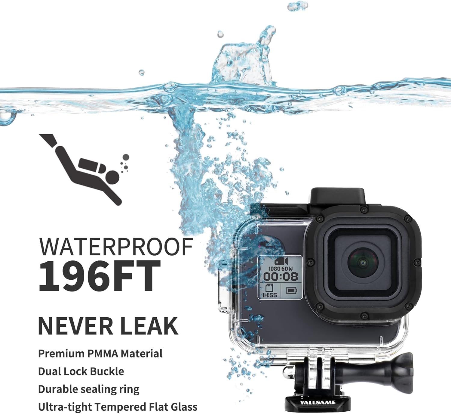 YALLSAME Waterproof Housing Case for GoPro Hero 8 Dive Case for 196ft Underwater Photography Protective with 2 Cold Shoe Adapters Ideal Accessories for Go Pro 8 Scuba Diving Snorkeling Surfing - Image 3