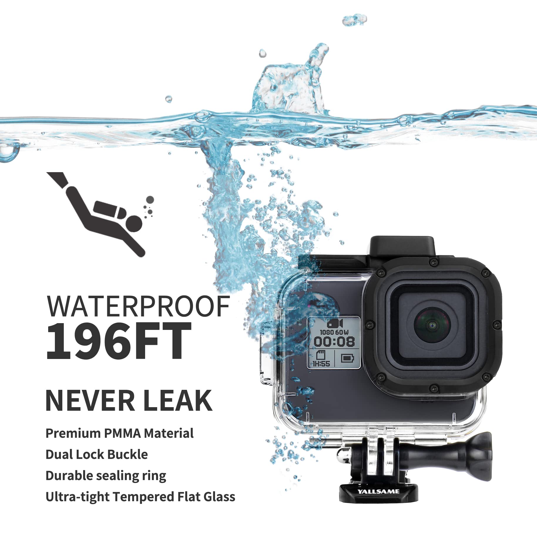 Carcasa impermeable de 60 m para GoPro Hero 8, color negro