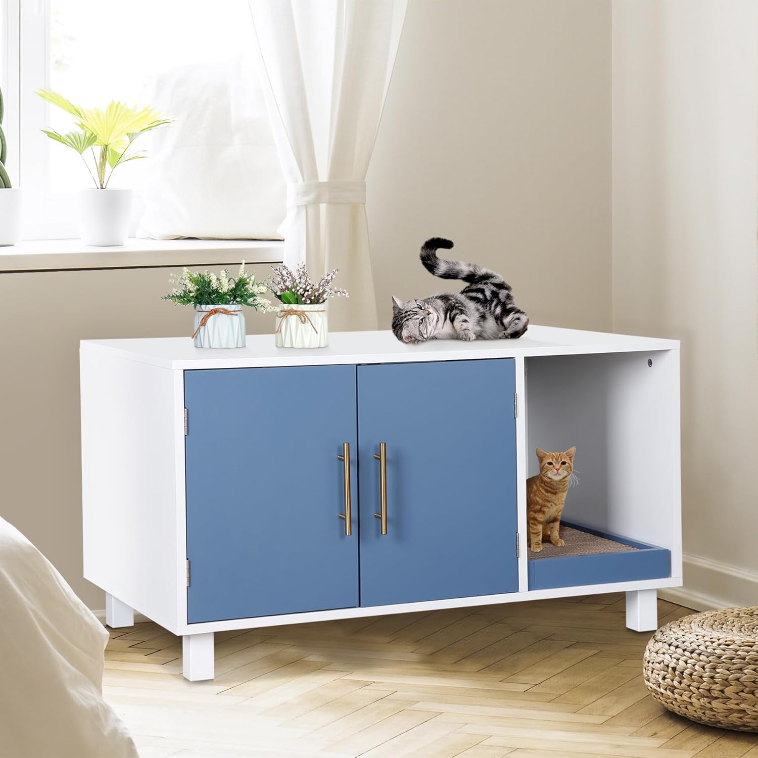 ZENY Modern Cat Litter Box & House, Wood Cat Enclosure with Scratch Pad, Side Table, Hidden Washroom Furniture, White